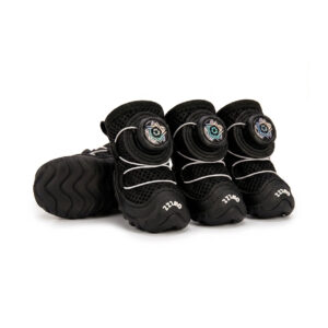 Stealth Black Cooling Summer Dog Shoes Set Stealth black cooling summer dog shoes showing open-air mesh uppers, grey leather mudguards, and matching black wire dials.