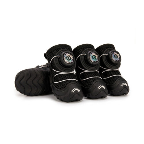 Stealth black cooling summer dog shoes showing open-air mesh uppers, grey leather mudguards, and matching black wire dials.