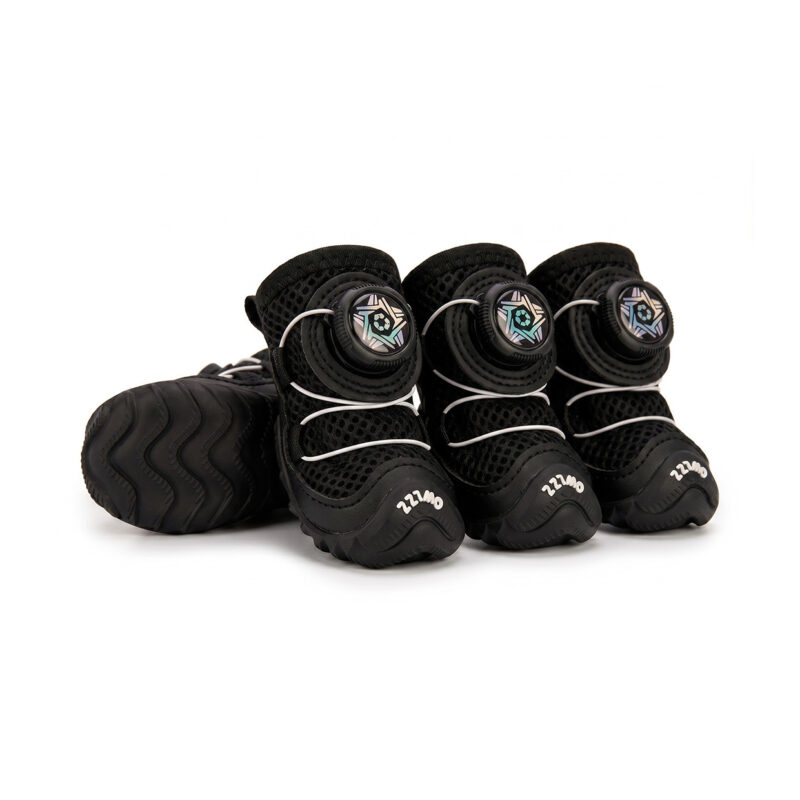 Stealth Black Cooling Summer Dog Shoes Set Stealth black cooling summer dog shoes showing open-air mesh uppers, grey leather mudguards, and matching black wire dials.