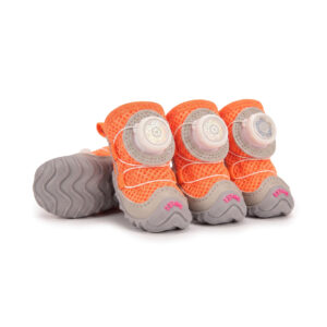 Tangerine Orange Cooling Summer Dog Shoes Set Tangerine orange cooling summer dog shoes featuring vibrant orange air-mesh grids and white mechanical wire dials.