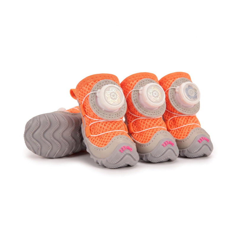 Tangerine Orange Cooling Summer Dog Shoes Set Tangerine orange cooling summer dog shoes featuring vibrant orange air-mesh grids and white mechanical wire dials.
