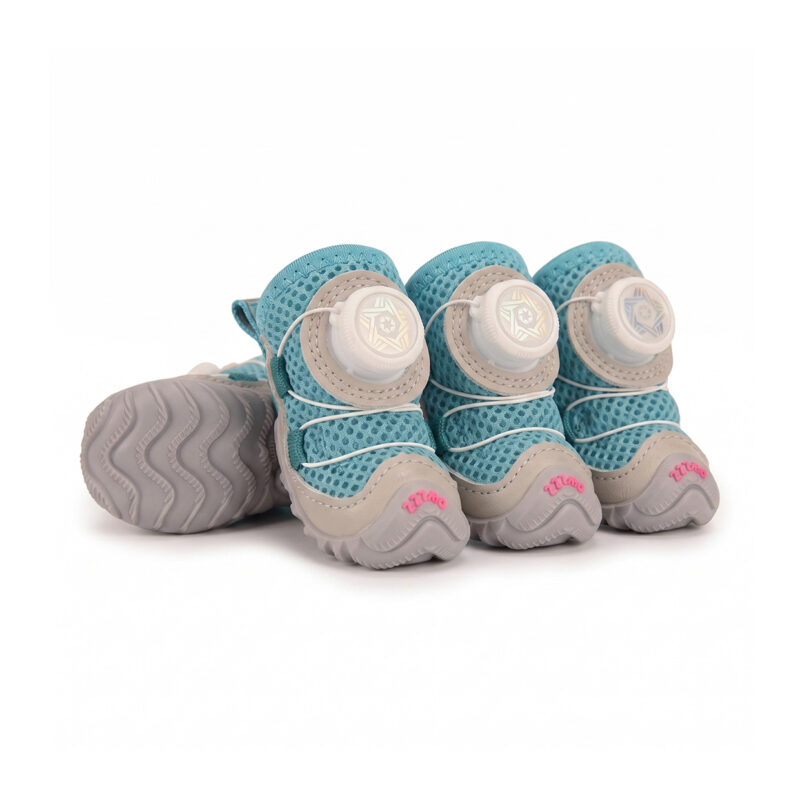 Turquoise Blue Cooling Summer Dog Shoes Pack Turquoise blue cooling summer dog shoes displaying bright aqua open-mesh grids and white rotating wire dials.