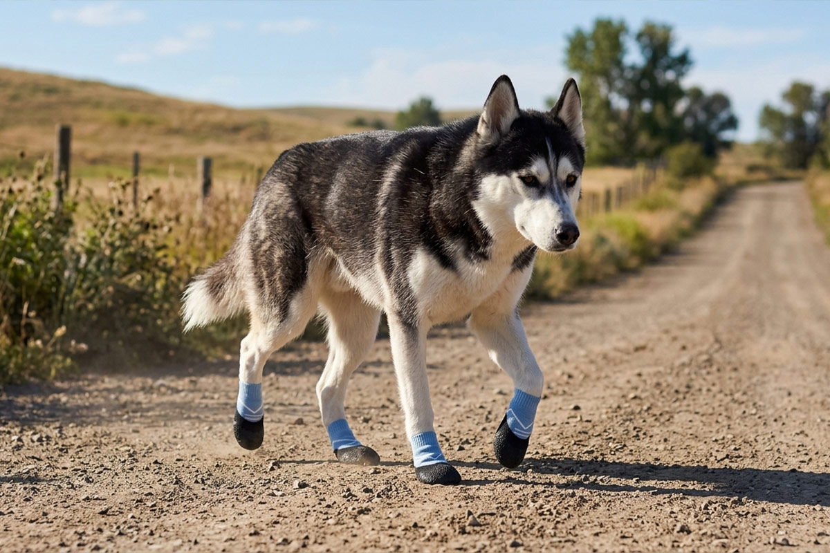 A Siberian Husky walking confidently along a dirt path wearing sky blue crinkle rubber bottom socks.