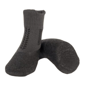 A pair of silver gray crinkle sole knit dog booties displaying the seamless waterproof latex dip boundary.