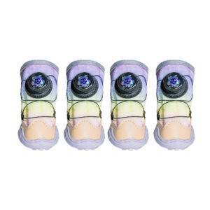 Four Pack Front Alignment Showcasing Pastel Rainbow Gradient Patterns Symmetrical front view of four dial-fit dog shoes for small dogs featuring multi tone pastel gradient fabric bodies.
