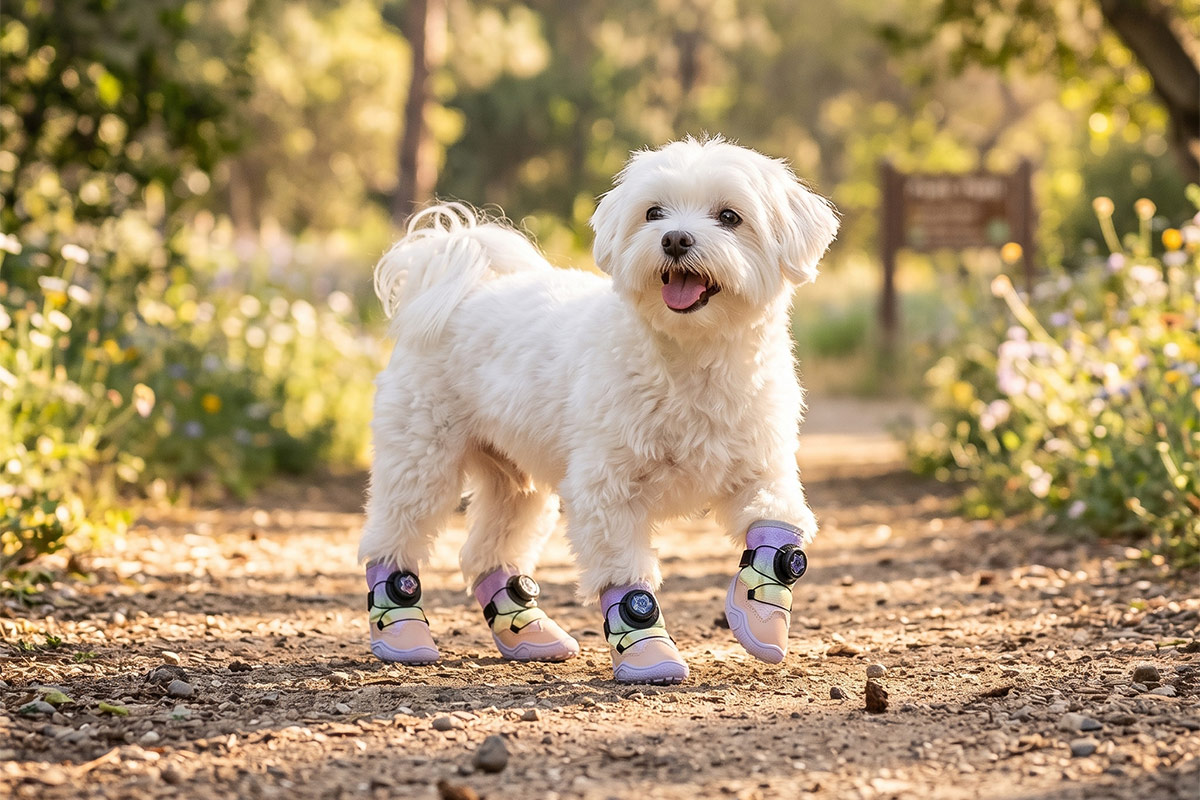 Happy white Maltese lifting a paw on a dirt road wearing dial-fit dog shoes for small dogs under bright daylight.