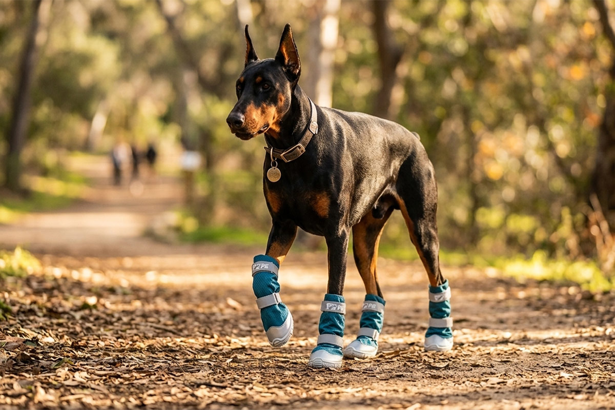 Doberman Pinscher strutting confidently along a dirt forest path in ocean teal high-top outdoor boots.