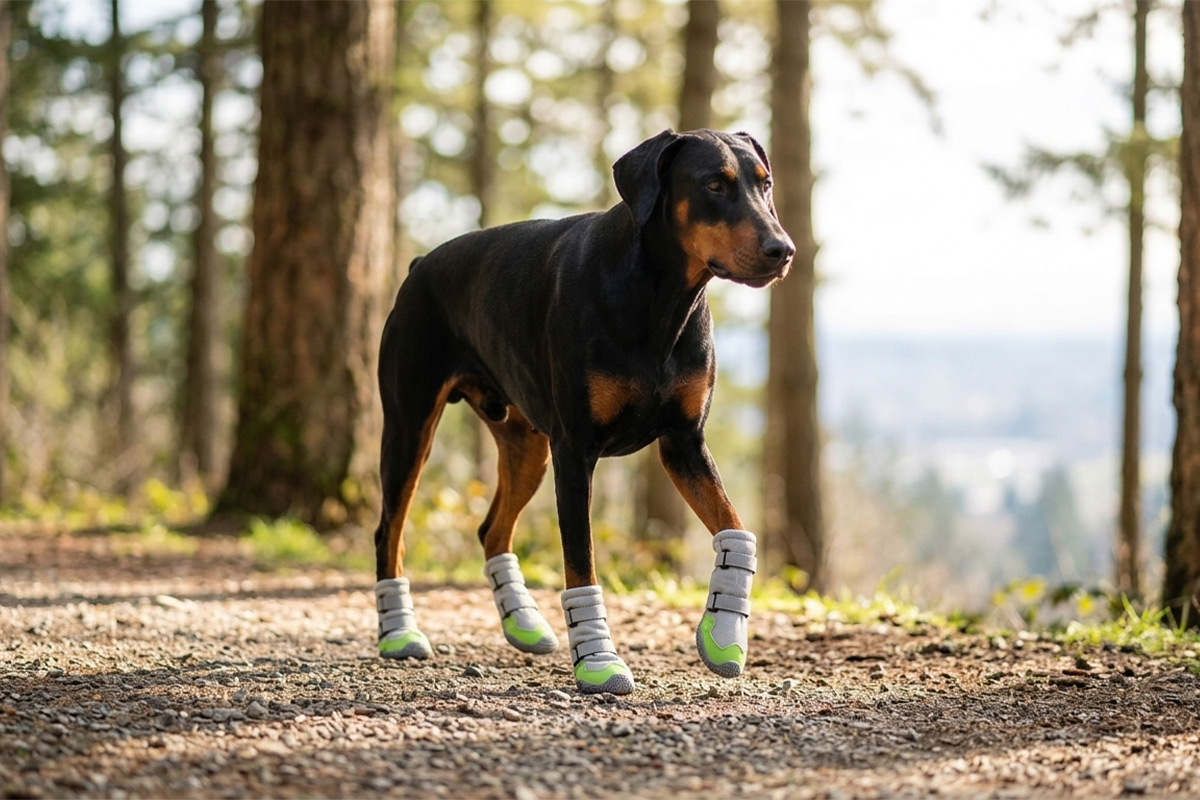 Doberman Pinscher hiking on a sunny forest dirt trail wearing high-top neon lime thick mesh dog boots.