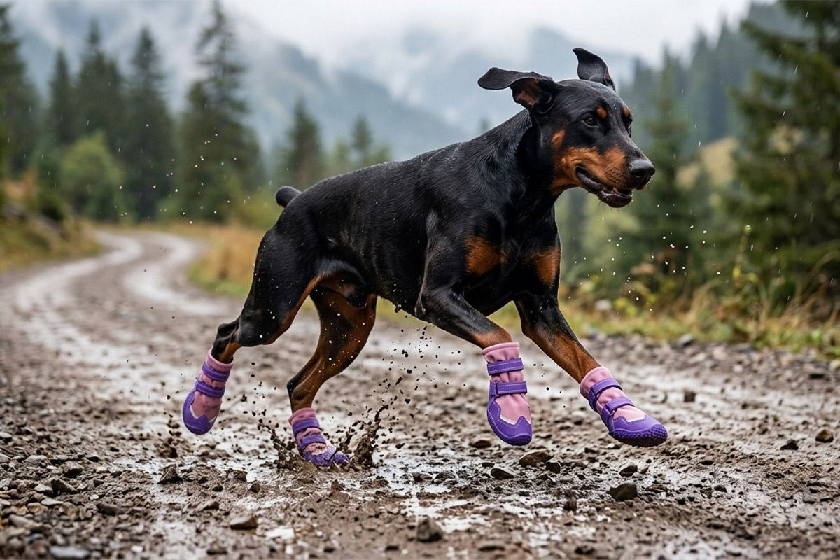 Doberman sprinting through a muddy outdoor trail wearing pink and purple waterproof snow dog boots.