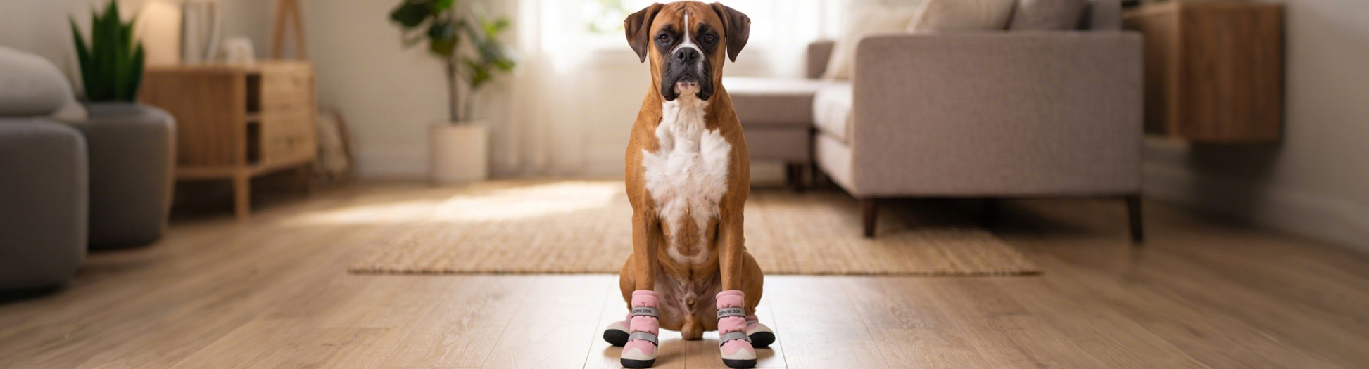 Dog Boots in pink equipped on a Boxer dog sitting comfortably on a wooden floor.