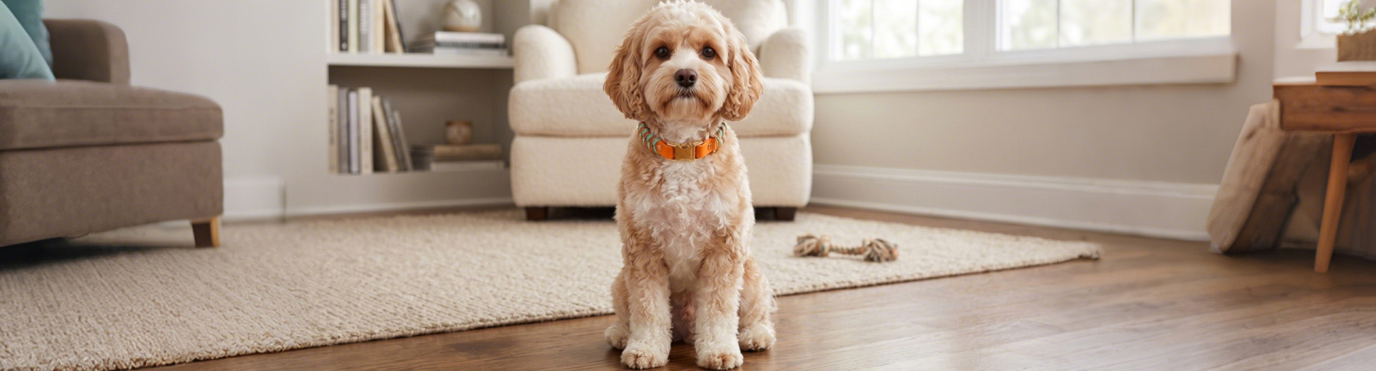 Dog Collars in a woven teal and orange design worn by a fluffy cream Cockapoo.