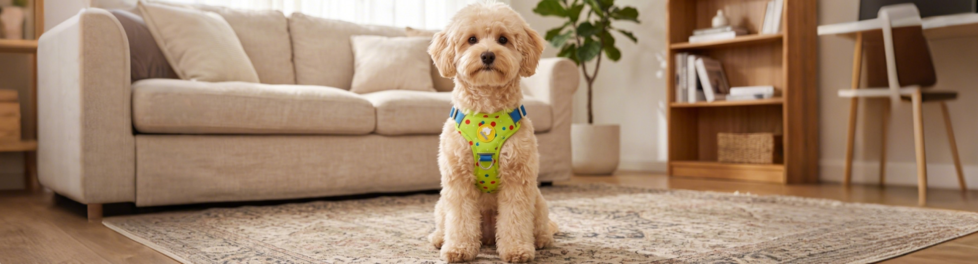 Dog Harnesses featured in a green polka-dot design worn by a small Goldendoodle.