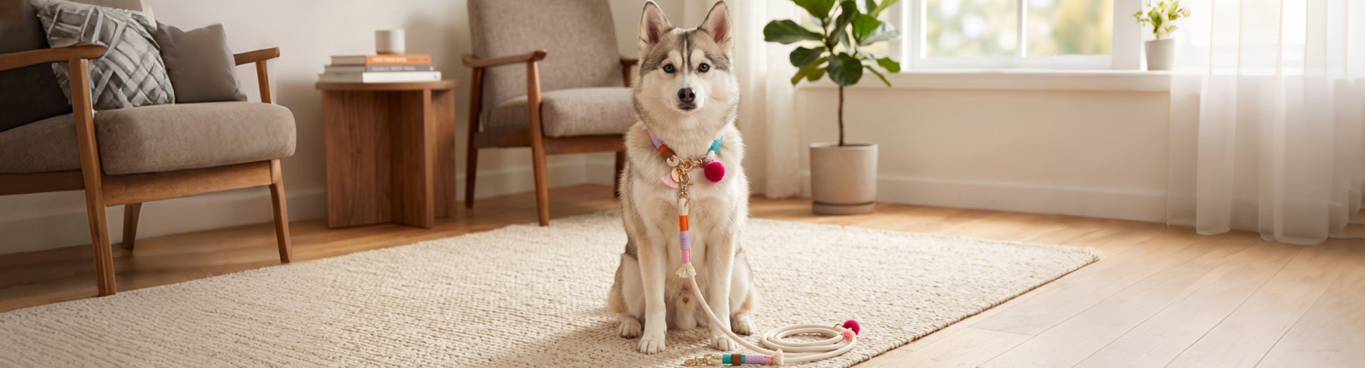 Dog Leashes styled with a colorful cotton rope design on a Husky sitting on a woven rug.