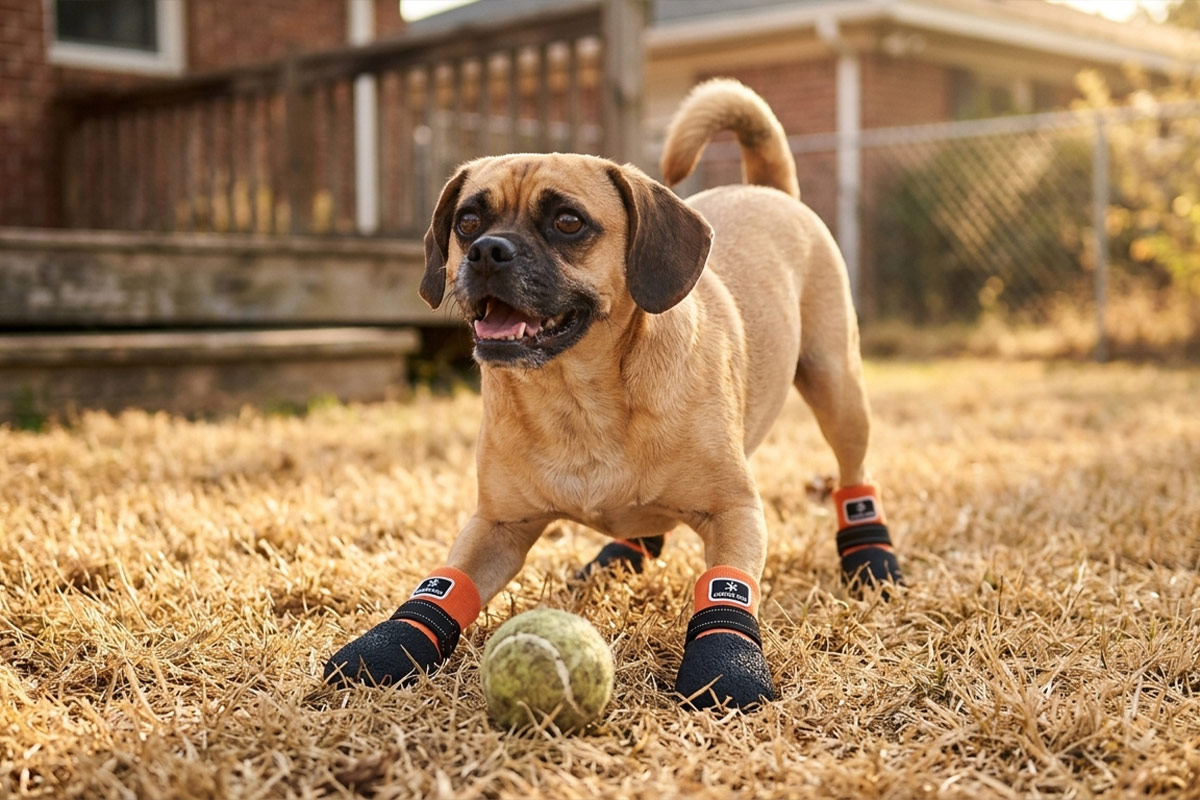Puggle playing fetch with a tennis ball on dry backyard grass wearing tangerine orange anti-slip socks for active dogs.