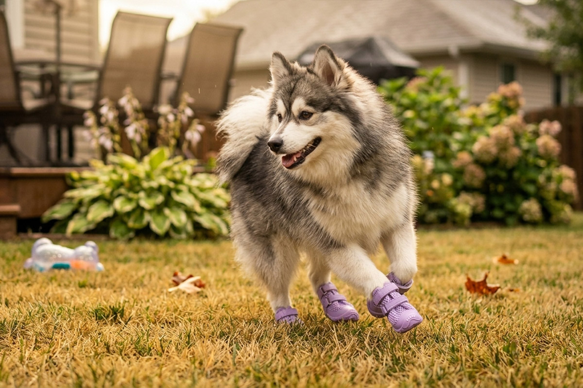 Husky puppy mid-sprint on sunlit grass wearing taro purple dog shoes for hot pavement protection.