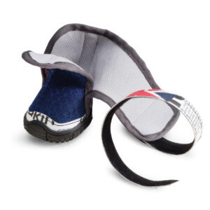 Extended Secure Fastening Wrap Band and Wide Throat Entry Detail Technical close up of dog shoes for large dogs with the extended text print Velcro strap opened to show internal mesh.