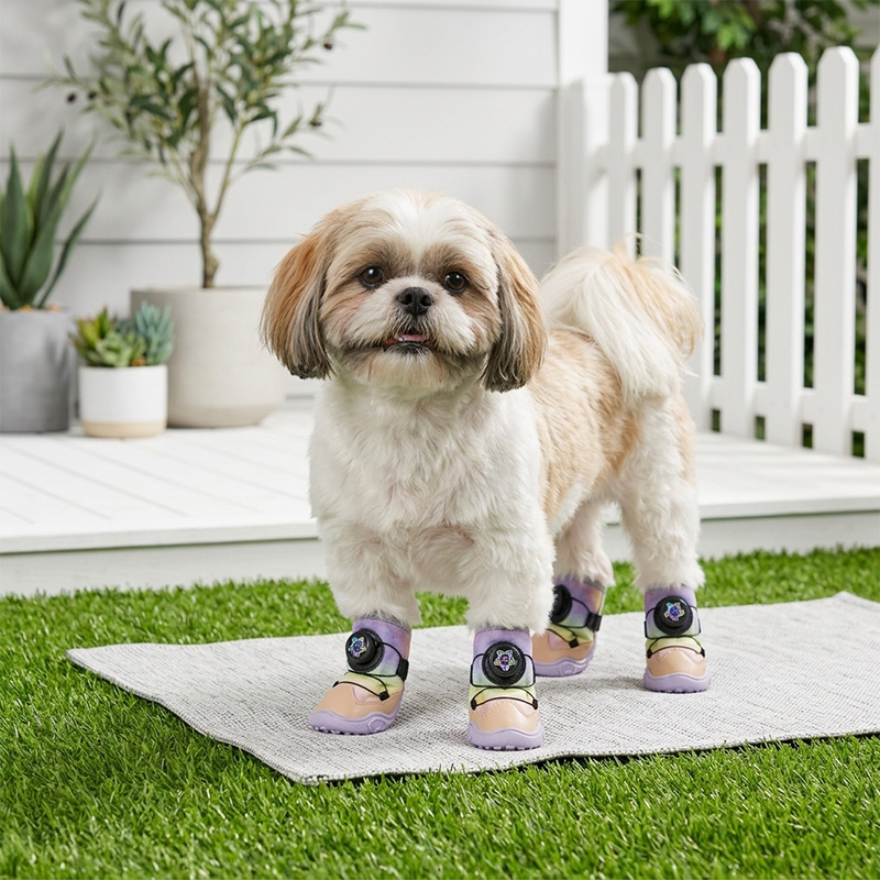 A Shih Tzu wearing adjustable pastel dog shoes standing on artificial grass for hot pavement protection.