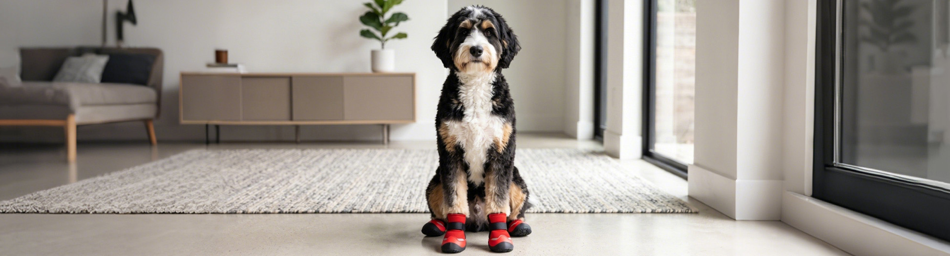 Dog Shoes for paw protection worn by a fluffy Bernie Doodle sitting on a rug indoors.