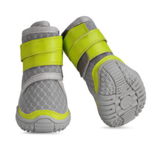 Dog Shoes Suitable For Walking Neon Lime Flexible Tread Grey and neon lime dog shoes suitable for walking showing a close up of the thick flexible rubber outsole pattern.