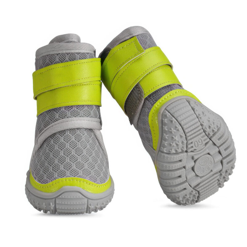 Dog Shoes Suitable For Walking Neon Lime Flexible Tread Grey and neon lime dog shoes suitable for walking showing a close up of the thick flexible rubber outsole pattern.