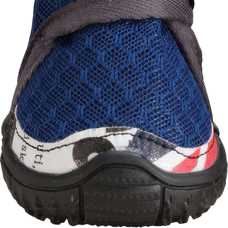 Close up look at dog shoes suitable for walking outlining the reinforced close knit seams and snake print texture.