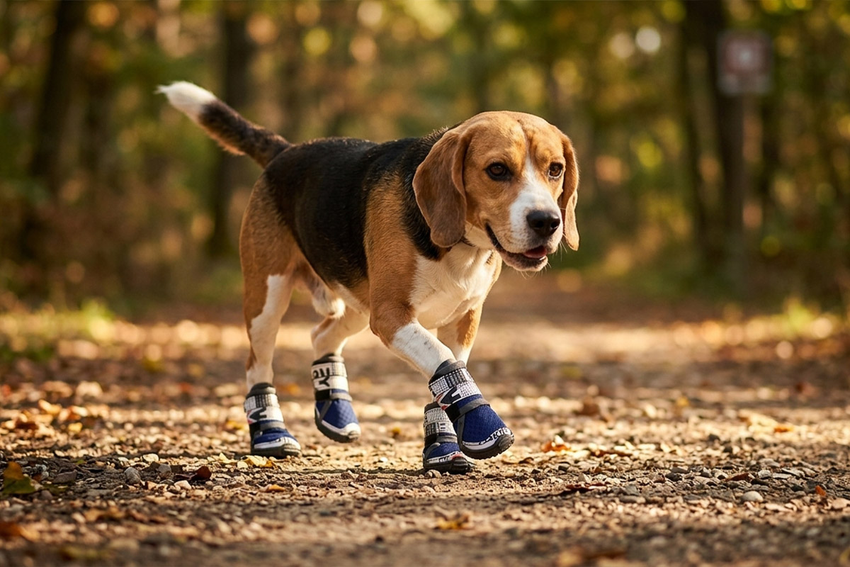 Beagle walking across a sunlit autumn leaf trail wearing blue dog shoes that stay-on through printed velcro straps.