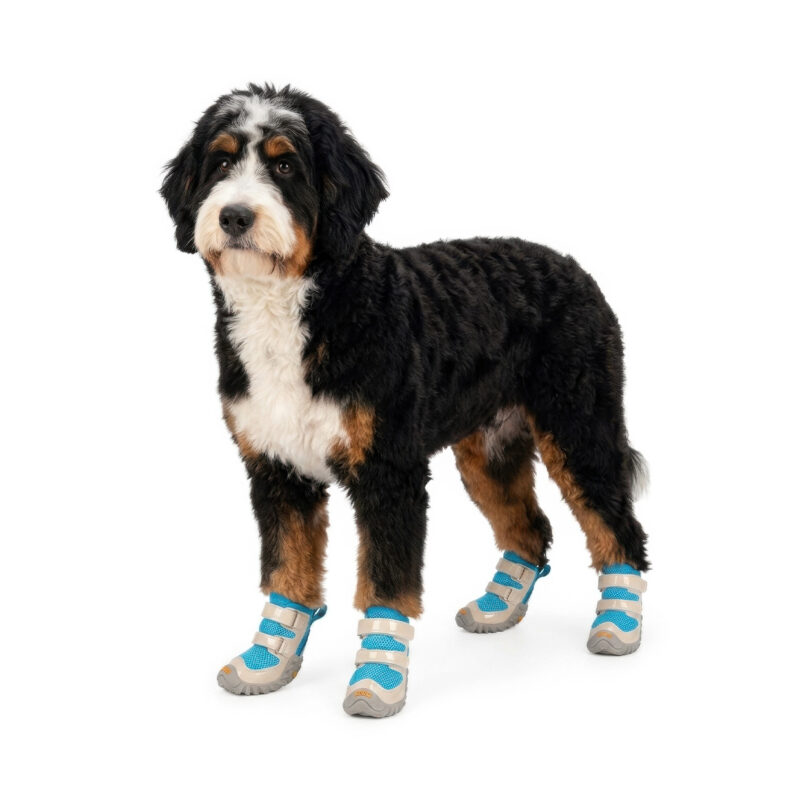 Bernedoodle Staging Dog Shoes That Stay-On Turquoise Blue Tri color Bernedoodle dog showcasing turquoise blue dog shoes that stay-on firmly during active standing.