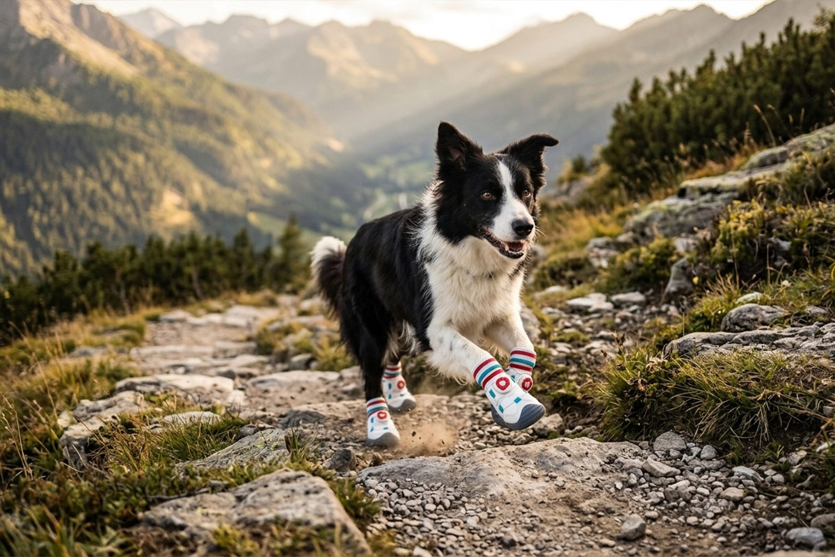 Border Collie sprinting fiercely down a rocky mountain trail wearing gray sole dog shoes that stay-on.