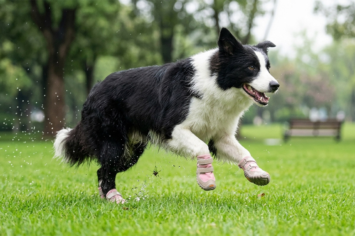 Border Collie mid air sprinting across a green grass field wearing secure blush pink dog shoes that stay-on.