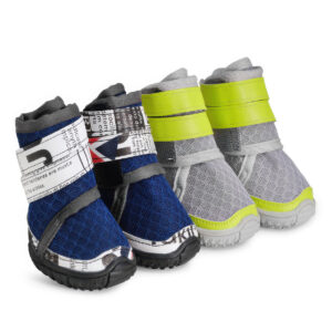 Anatomical Large Paw Protective Booties Color Array Selection Front view alignment of royal blue and neon lime dog shoes that stay-on securely via extended wrap bands.