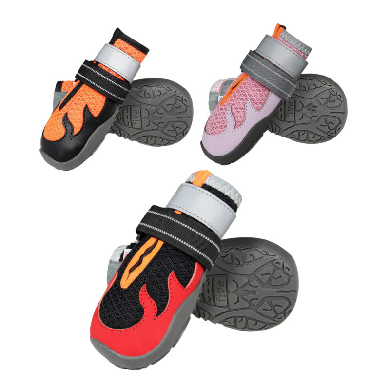 Anatomical Trail Booties Color Array Selection Group Multi color showcase of dog shoes that stay-on featuring crimson red tangerine orange and blush pink SKU choices.