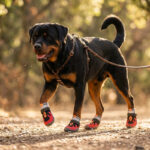 Powerful Rottweiler trotting forward on a forest path wearing crimson red sport hiking dog shoes that stay-on securely.