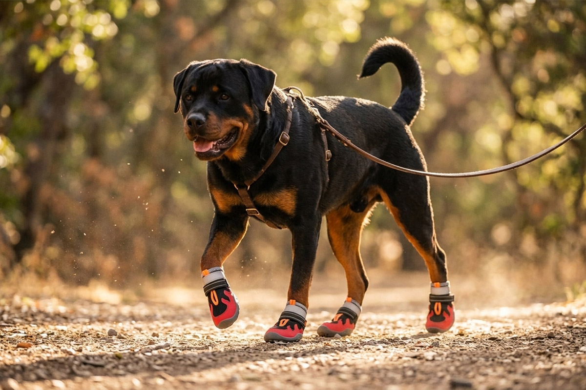 Powerful Rottweiler trotting forward on a forest path wearing crimson red sport hiking dog shoes that stay-on securely.