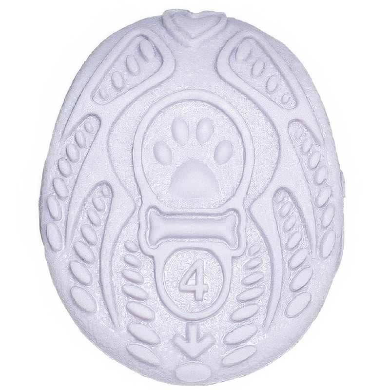 Bottom view of dog shoes that stay-on showing the lavender rubber sole molded with paw print and bone shapes.