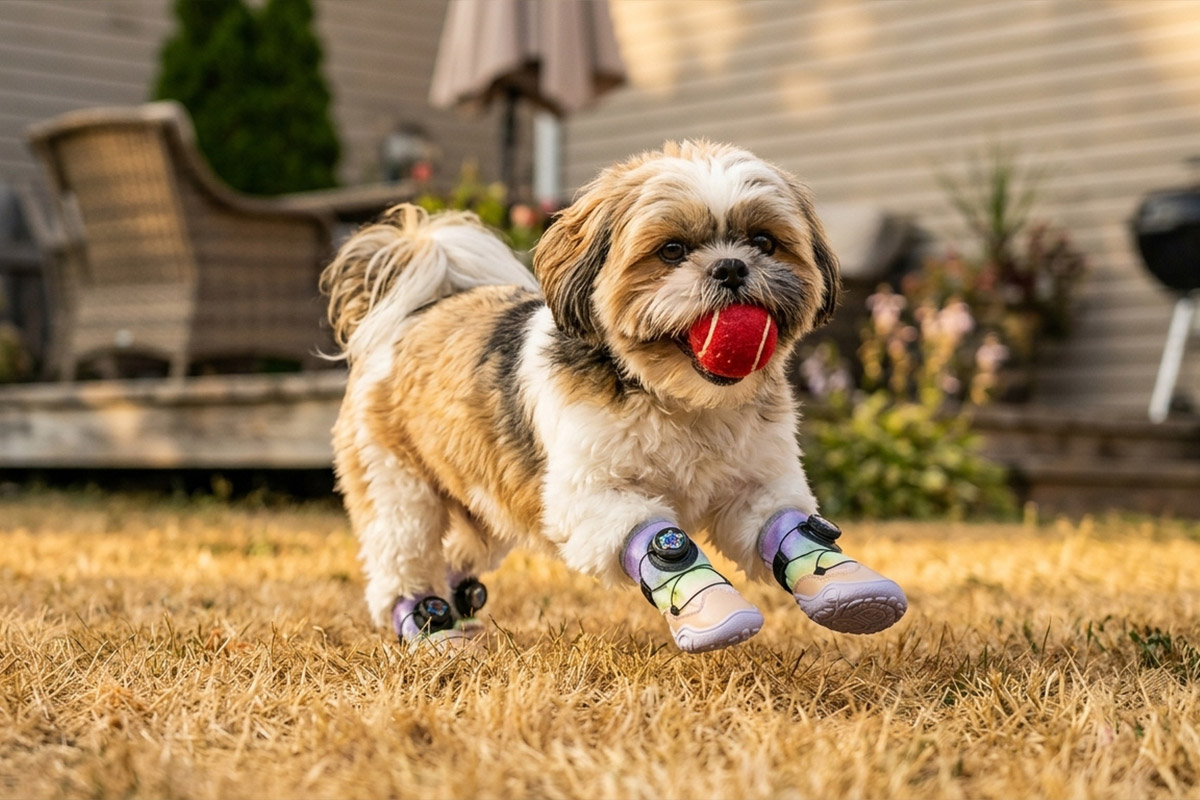 Shih Tzu running fast across backyard grass with a red ball wearing unicorn pink dog shoes that stay-on securely.