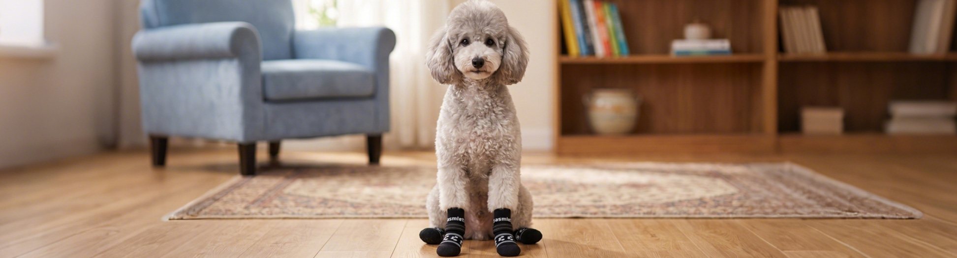 Dog Socks with anti-slip grip worn by a grey Toy Poodle sitting in a living room.