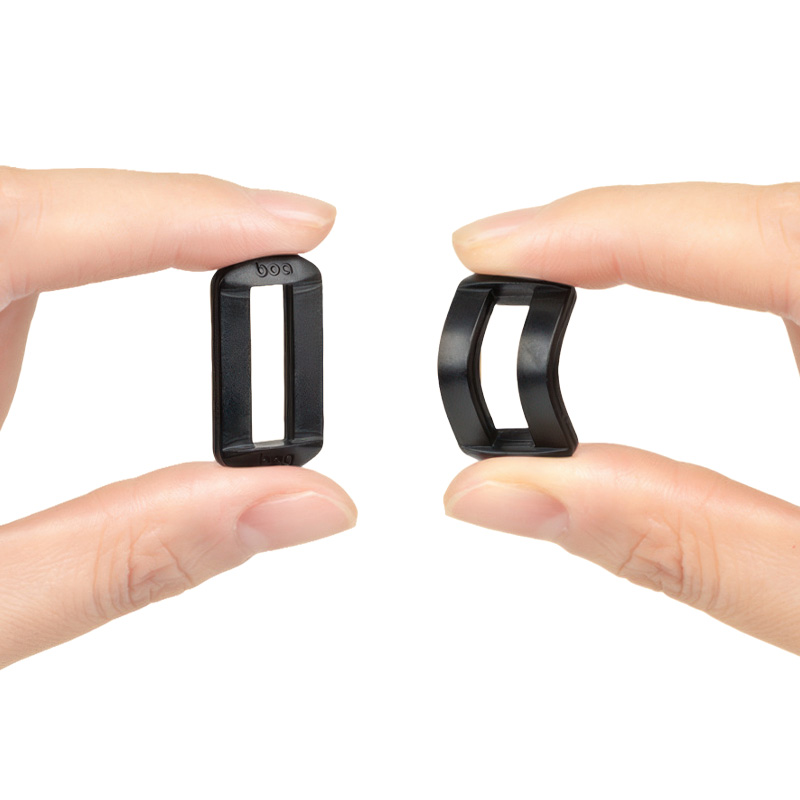 Two fingers holding black soft rubber square buckles designed for dog socks with straps that stay on.