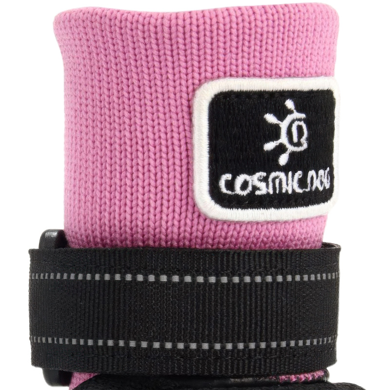 Close-up of the front knitted upper and reflective tension strap of secure dog socks with straps that stay on.