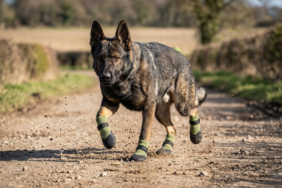 A German Shepherd sprinting on a gravel path wearing green dog socks with straps that stay on.