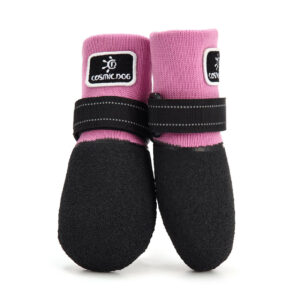 Secured Dual Strap Dog Socks Front view of pink dog socks with straps that stay on displaying the secure horizontal tightening design.