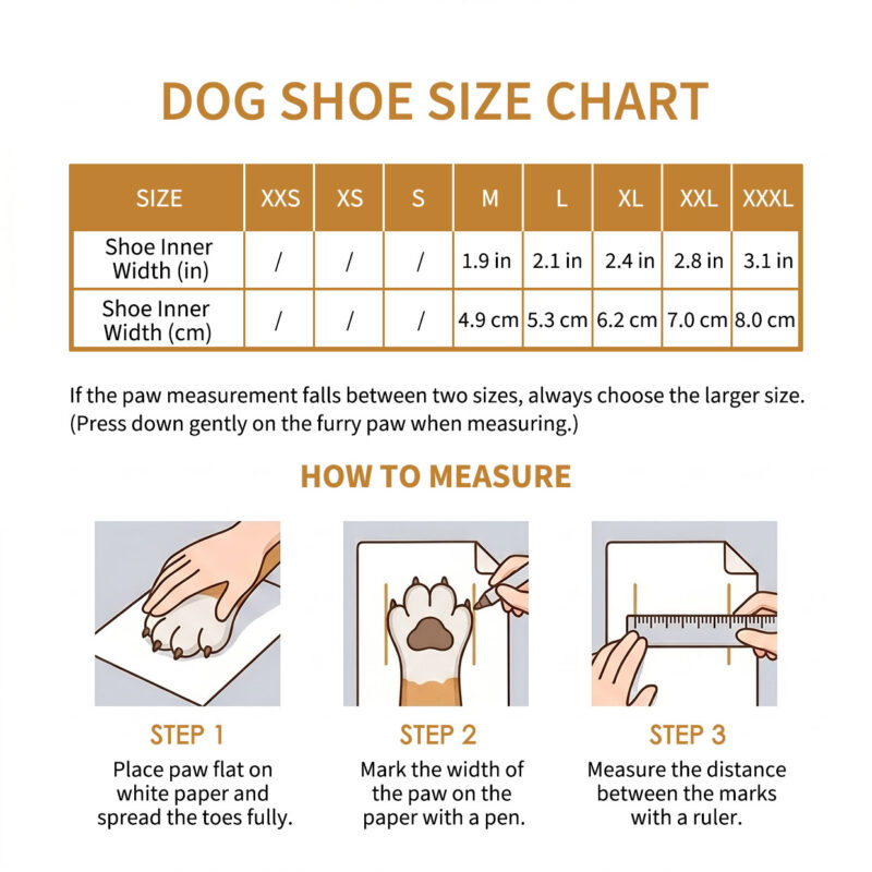 Doodle Breathable Mesh Large Breed Dog Shoes Size Chart Paw measurement guide, how to measure, and sizing chart for doodle breathable mesh large breed dog shoes.