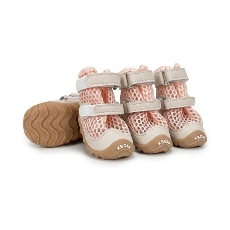 Paw Clad Summer Pet Boots Blush Pink Breathable Grid Blush pink double-strap summer dog shoes with highly breathable honeycomb mesh uppers and flexible tan rubber soles.