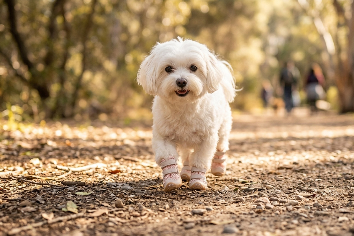 White Maltese walking smoothly on a shaded forest path wearing blush pink double-strap summer dog shoes.