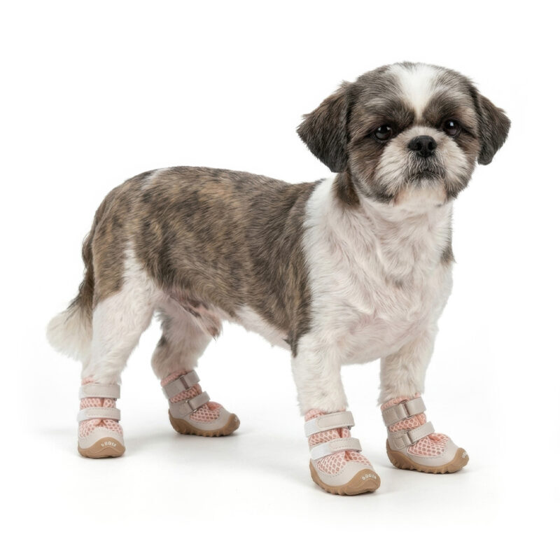 Shih Tzu Modeling Double-Strap Summer Dog Shoes Blush Pink Small Shih Tzu dog standing comfortably wearing blush pink double-strap summer dog shoes with a tan base.