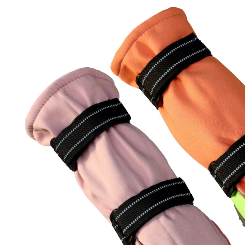 Double-Velcro-Strap Dog Boots Lock Mechanics Close-up of double-velcro-strap dog boots in pink and orange showing the high-adhesion hook-and-loop fastening panels.