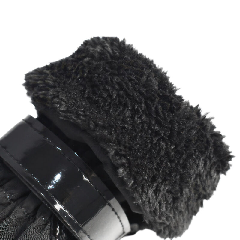 Close-up of the thickened plush thermal lining inside drawstring fleece dog boots for cold weather wind protection.