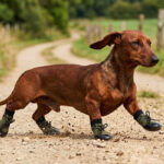 A dachshund running dynamically on a gravel trail wearing sage green drawstring knit dog booties.