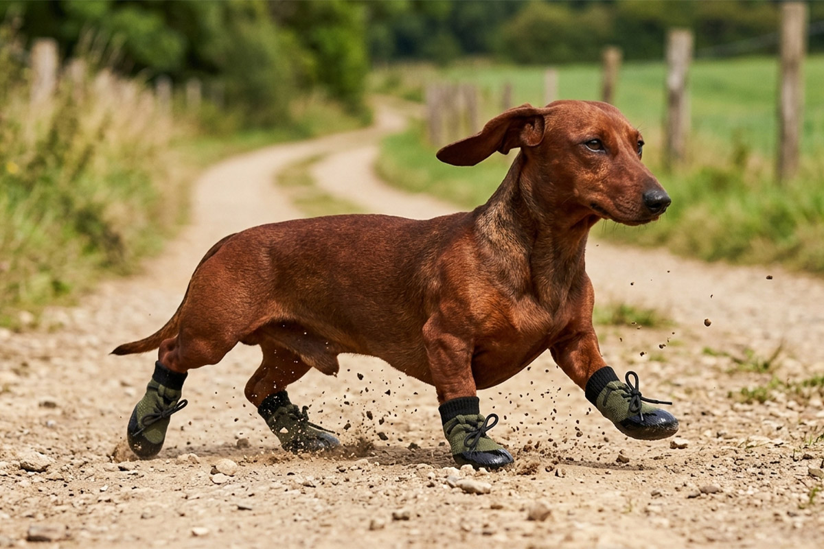 A dachshund running dynamically on a gravel trail wearing sage green drawstring knit dog booties.