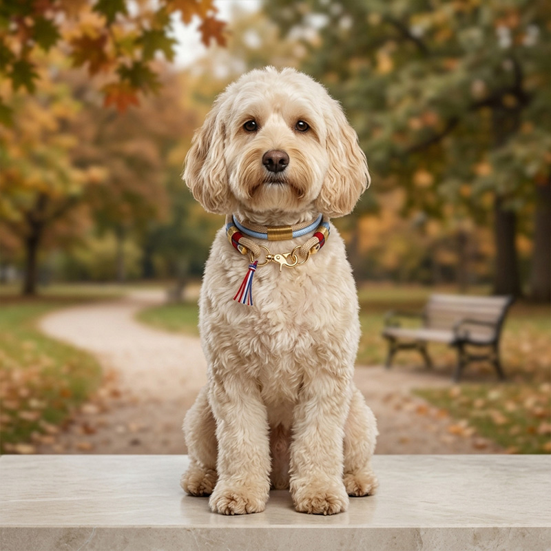 A Goldendoodle sitting neatly in an autumn park wearing a durable rope dog collar with secure gold buckle.