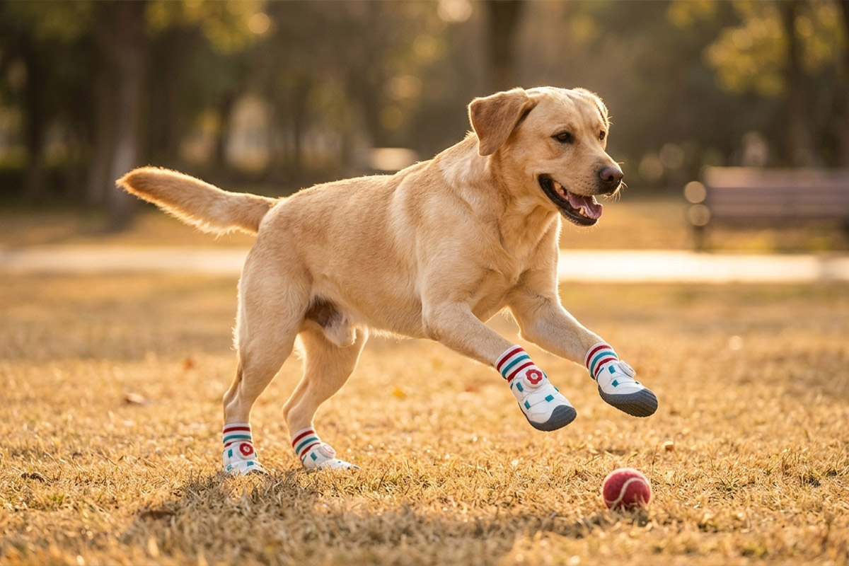 Yellow Labrador leaping to catch a ball on grass wearing durable walking shoes for large dogs with gray soles.